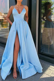 A Line Blue Satin Long Prom Dresses, V Neck High Slit Formal Evening Dresses with Pockets STK14992