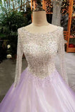 2024 A-Line Tulle Prom Dresses Lace Up With Bling Bling Beaded Bodice Full Sleeves PK1FZFTS