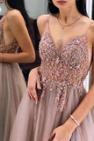 Gorgeous A-Line Spaghetti Straps V Neck Blush Tulle Prom Dresses, Cheap Evening Dresses STK15235
