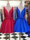 A-line Knee-Length V-neck Satin Red/Blue Ribbon Homecoming Dress