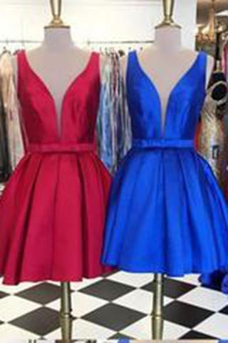 A-line Knee-Length V-neck Satin Red/Blue Ribbon Homecoming Dress