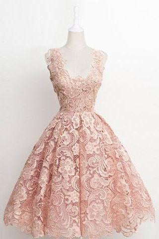 Vintage A-line Scalloped-Edge Knee-Length Lace Light Pink Prom Homecoming Dress
