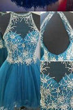 Modern Jewel Short Open Back Blue Homecoming Dress with Beading