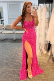 Mermaid Glitter Sequins Sexy Red Backless Long Prom Dress