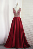 2024 V Neck Satin Prom Dresses A Line With Beading Open Back PNR7C8AY