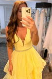 A-line Tiered Ruffles Light Yellow Tulle Prom Dress