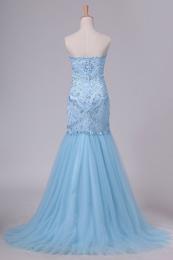 2024 Sweetheart Mermaid Prom Dresses Beaded Bodice Tulle PRAJ3X8J