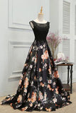 Chic A-Line Scoop Satin Black Lace up Sleeveless Long Flowers Prom Dresses