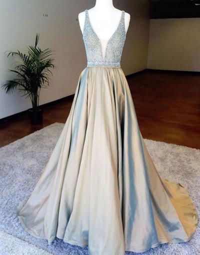custom made satin v-neck sequin long prom gown Sleeveless A-Line evening dress Prom