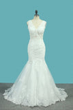 2024 V Neck Mermaid Wedding Dresses Tulle With Applique And Beads P3FZ4KBF