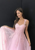 Sweetheart Straps Sleeveless Floor Length Tulle Lace Appliques Prom Dresses