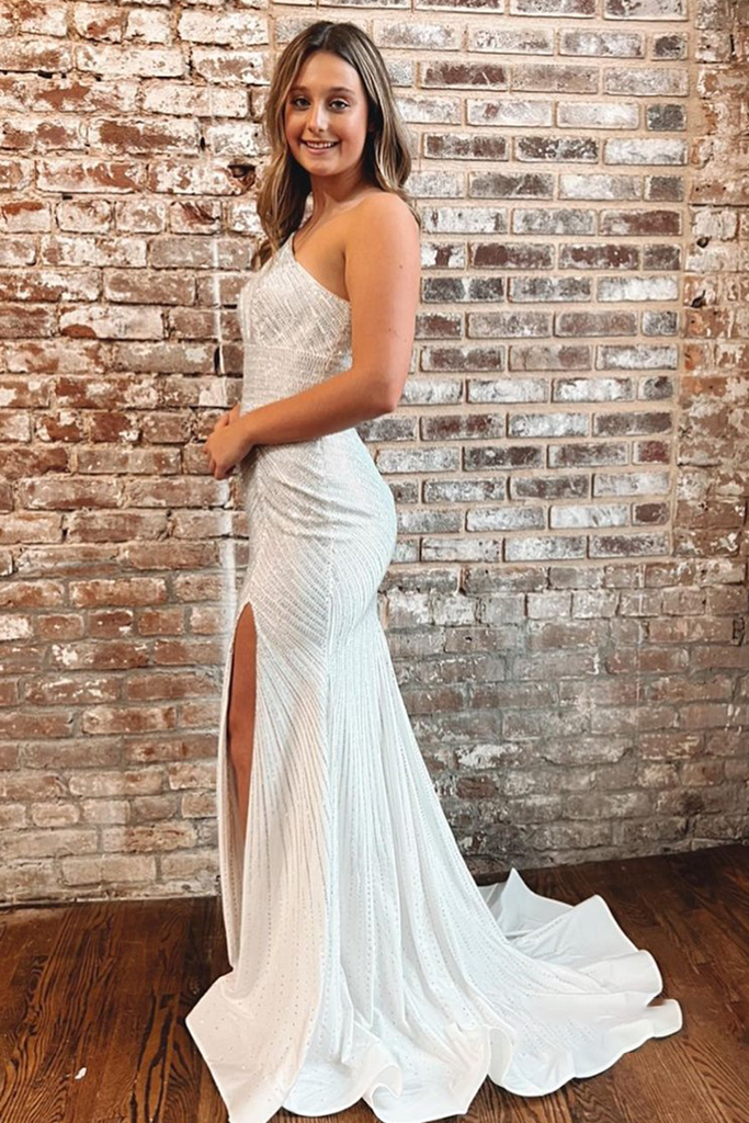 Sexy Glitter One-Shoulder White Sequins Mesh Prom Dress