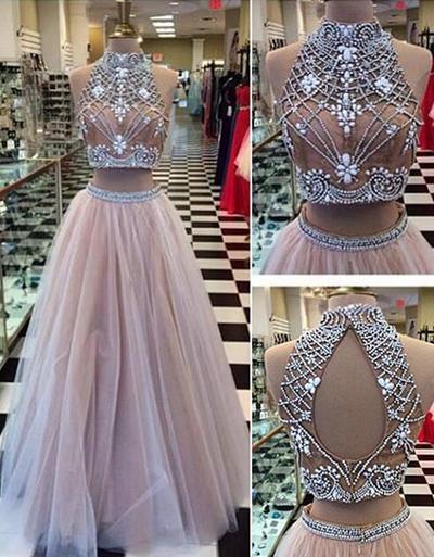 New Style Sexy Two Piece silver beaded bodice High Neck Tulle Skirts Champagne Prom Dress