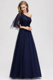 Simple A Line One Shoulder Navy Blue Tulle Prom Dresses Cheap Formal Dresses STK15382