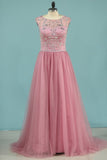 2024 Scoop Tulle With Beading Prom Dresses A PBET257T