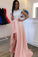 Scoop Sleeves Detachable Train Pearl Pink Satin Evening Dress with Lace Prom Dresses