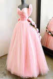 Charming Ball Gown Sweetheart Long Prom Dresses, Pink Sweet 16 Dress With Handmade Flowers STK15094