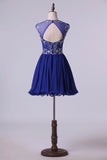2024 Scoop A Line Dark Royal Blue Homecoming Dresses Beaded Bodice P1G1XYHA