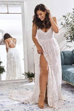 Elegant A Line V Neck Lace Ivory Beach Wedding Dresses with Slit, Bridal Gowns STK15579