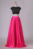 2024 Two Pieces Prom Dresses Scoop Open Back Satin & Lace PTG7CD76