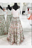 A-Line Spaghetti Straps White Appliqued Cheap Prom Dresses, V Neck Long Evening Dresses STK15052