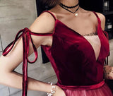 A Line Spaghetti Straps Ombre Long Tulle Prom Dresses, Burgundy V Neck Evening Dress STK15029