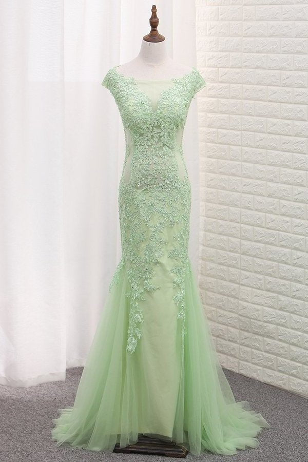 2024 Tulle Scoop Mermaid Open Back Prom Dresses With P7ZTP632
