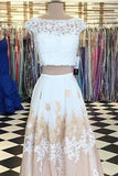 A-line Two Piece Long Floor Length Scoop White Lace Prom Dresses with Open Back