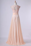 2024 Scoop Prom Dresses A Line Chiffon With Applique And Ruffles P57HFSL5