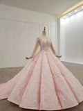 Elegant Ball Gown Pink Long Sleeves Appliques Prom Dresses, Quinceanera STK20482