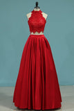 2024 Two Pieces Prom Dresses Satin With Applique Floor Length PGLPDMRY