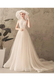 Ivory Jewel Sleeveless Tulle Wedding Dress With Lace A Line Pleats Open Back Bridal STKPXNMNP57
