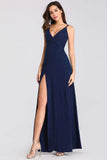 Sexy V Neck Long Spaghetti Straps Mermaid Navy Blue Prom Dresses with High Split STK15366