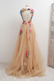 A Line Straps Appliqued Prom Dress Cheap Sweep Train Tulle P6KKMCYF