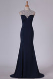 2024 Spandex Prom Dresses High Neck With Beading Sweep PC5DA23H