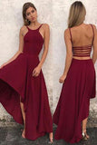 Unique A Line Burgundy High Low Sleeveless Backless Prom Dresses, Cheap Evening Dresses STK15450