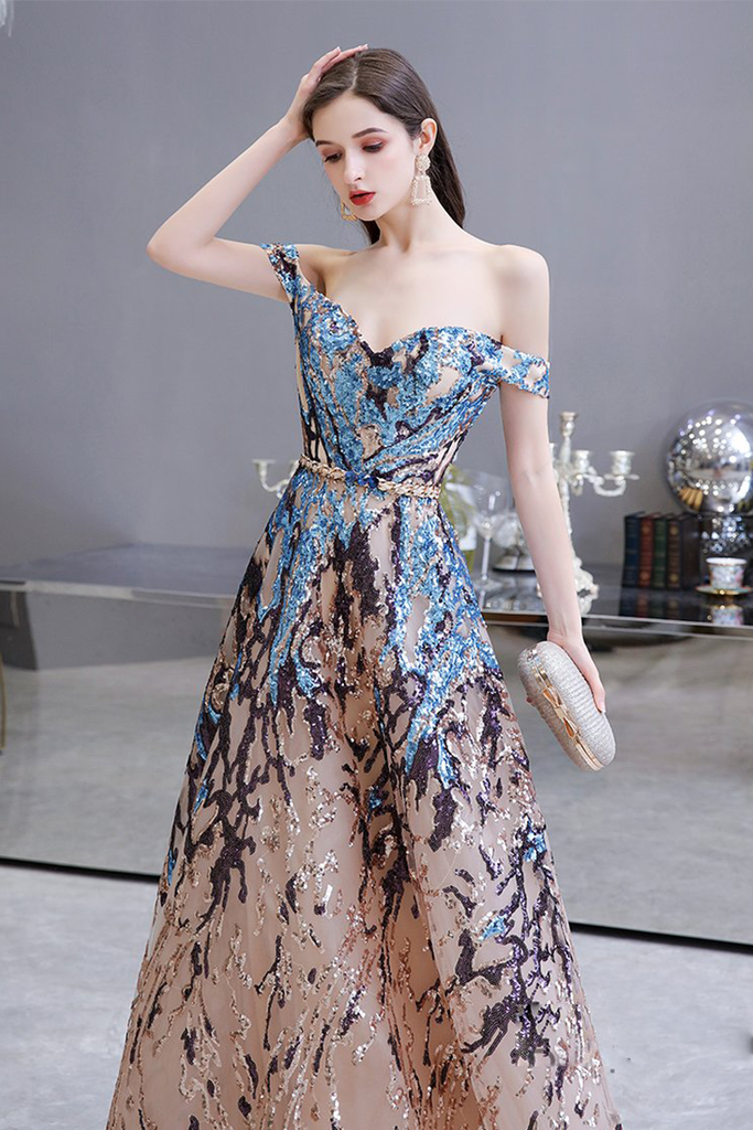 Off-the-Shoulder Prom Dress Champagne Lace Sequin Evening Dress