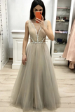 Deep V Neck Sleeveless Floor Length Prom Dress With Beading A Line Tulle Long STKPDHY22YC