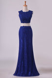 2024 Sheath Open Back Two Pieces Prom Dresses Lace With Applique & Beading Dark P2DPN391
