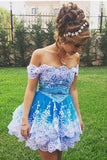 Cute Off the Shoulder Blue Lace Appliques Short Prom Gowns, Cute Homecoming Dresses STK15135