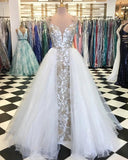Sheath Spaghetti Straps White Detachable Train Prom Dress with Appliques, Quinceanera Dresses STK15373