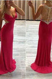 See Through Sexy Red Long Cheap V-Neck Beads Sleeveless Mermaid Prom Dresses