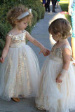 Cute Glitter A Line Gold Sequins Tulle Flower Girl Dresses, Little Girl Dresses STK15573