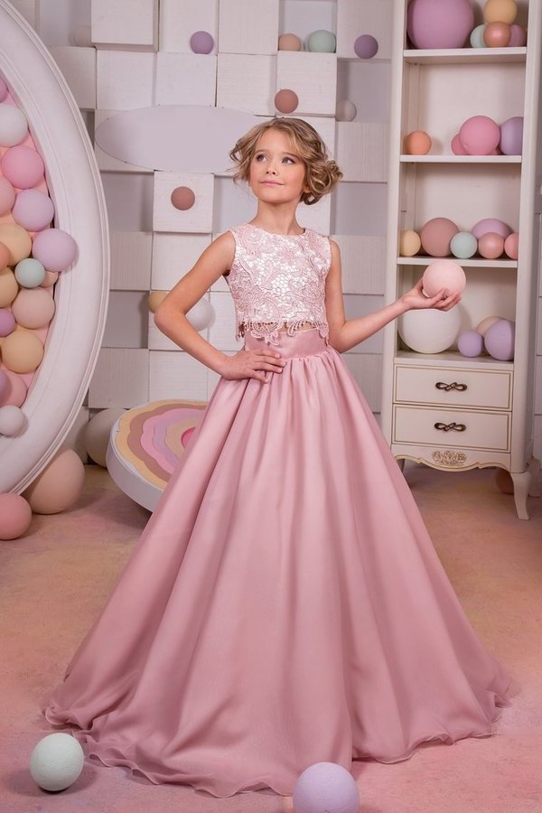 2022 Two-Piece Scoop Chiffon & Lace A Line Flower Girl Dresses PBMHNABG