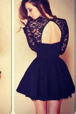 Sexy Ball Gown High Neck Long Sleeves Lace Backless Black Short Homecoming Dress