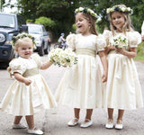 Vintage Juliet Sleeves Tea Length Round Neck Satin Flower Girl Dresses, Little Dresses STK15606
