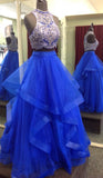 Royal Blue Two Piece Beaded Bodice Tulle Skirt Ball Gown Halter Sleeveless Prom Dresses