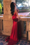 Chic Red Spaghetti Straps Mermaid V Neck Prom Dresses with Appliques, Formal Dresses STK15571