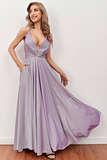 Lilac Deep V Neck Long Prom Dress with Cross Straps