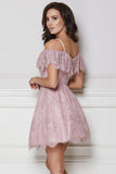 A-Line Cold Shoulder Purple Lace Homecoming Party Dress with Ruffles Prom Dresses STK14965